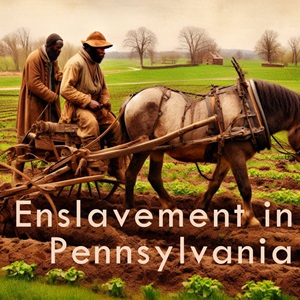 Two African American men in colonial work clothing plow a field in early spring.